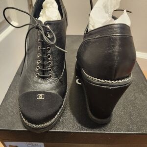 CHANEL Black Leather Lace-Up Platform Heels with Chain Trim